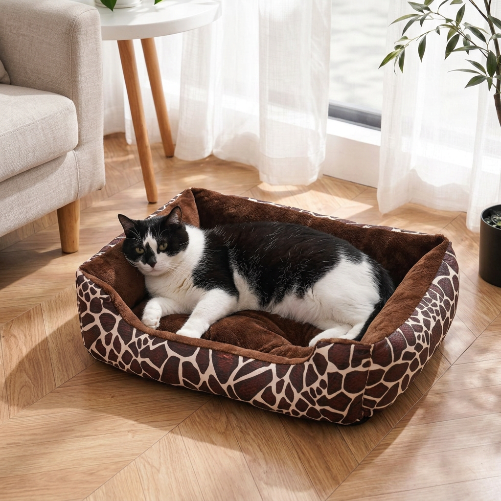 Panier grand chat à motif girafe marron de 76 × 56 cm avec un chat noir et blanc allongé