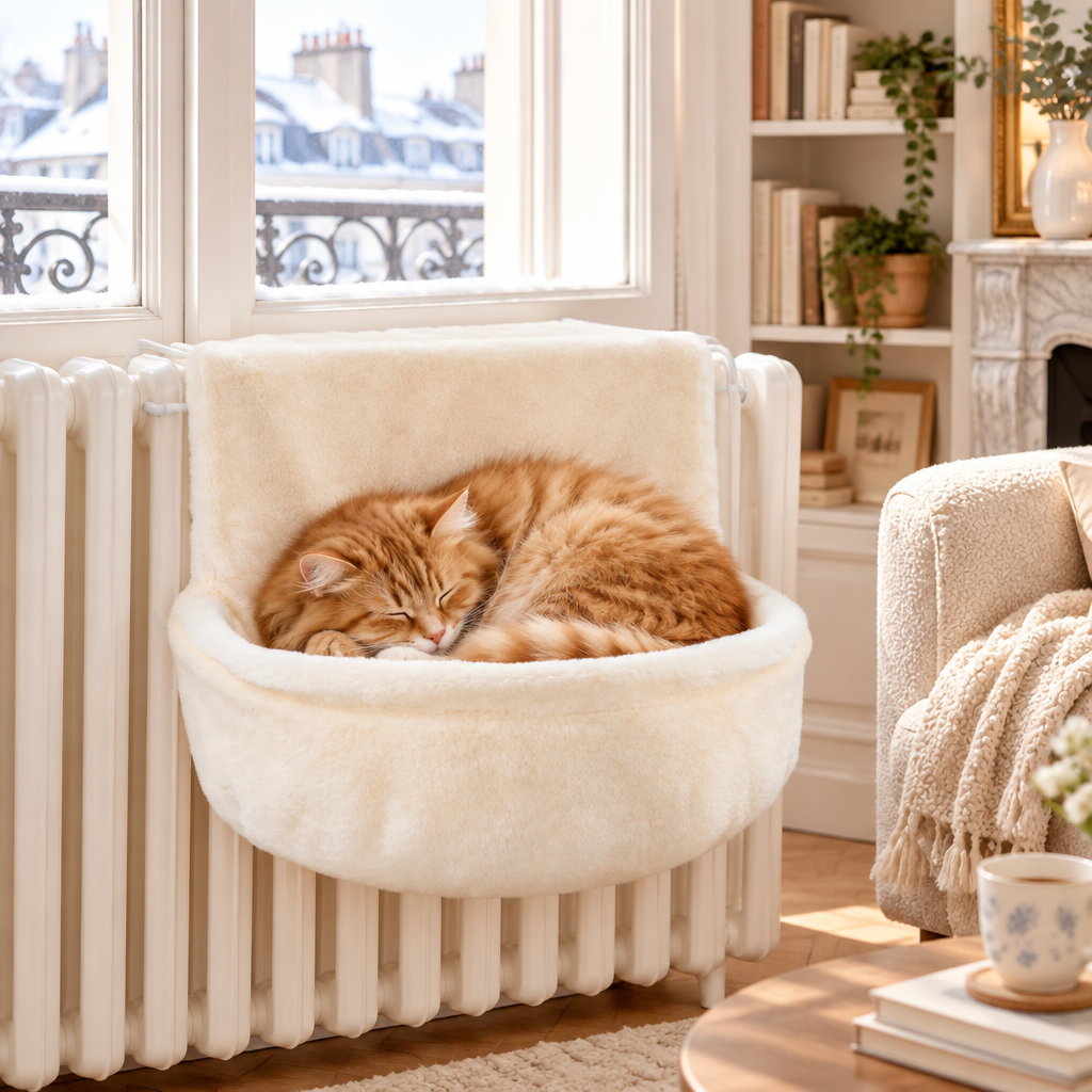 Chat roux endormi dans un hamac radiateur pour chat beige en peluche