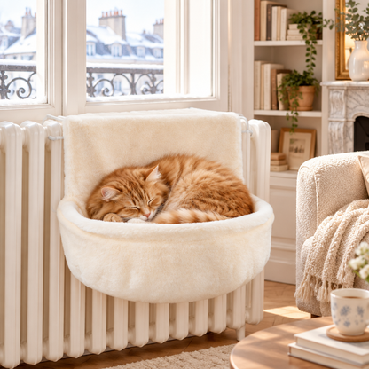 Chat roux endormi dans un hamac radiateur pour chat beige en peluche