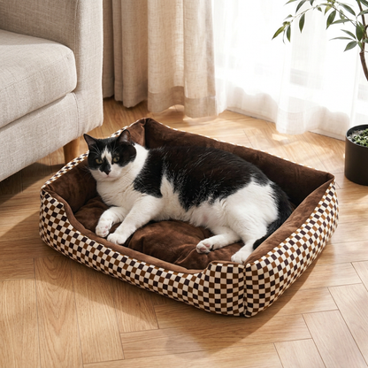 Grand panier chat à damier marron et écru de 76 × 56 cm avec un chat noir et blanc allongé