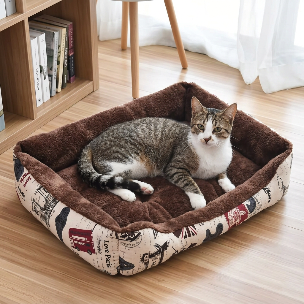 Grand panier pour chat Évasion marron de 66 × 48 cm avec un chat tigré et blanc, vu en plongée