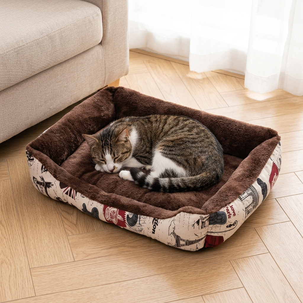 Grand panier pour chat Évasion marron de 58 × 42 cm avec un chat tigré et blanc couché en boule