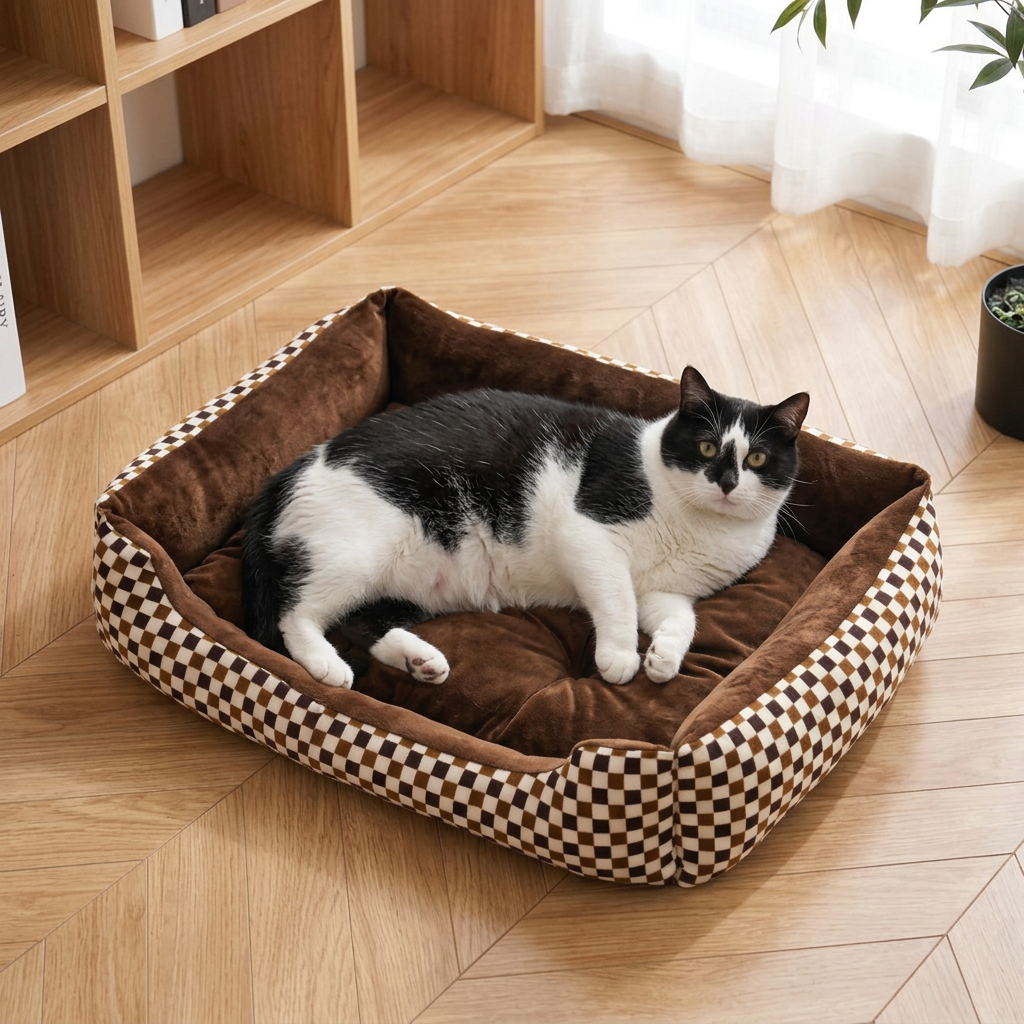 Grand panier chat à damier marron et écru de 66 × 48 cm avec un chat noir et blanc, vu en plongée
