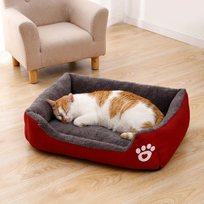 Panier pour chat XXL rouge et gris de 66 × 48 cm avec un chat roux et blanc