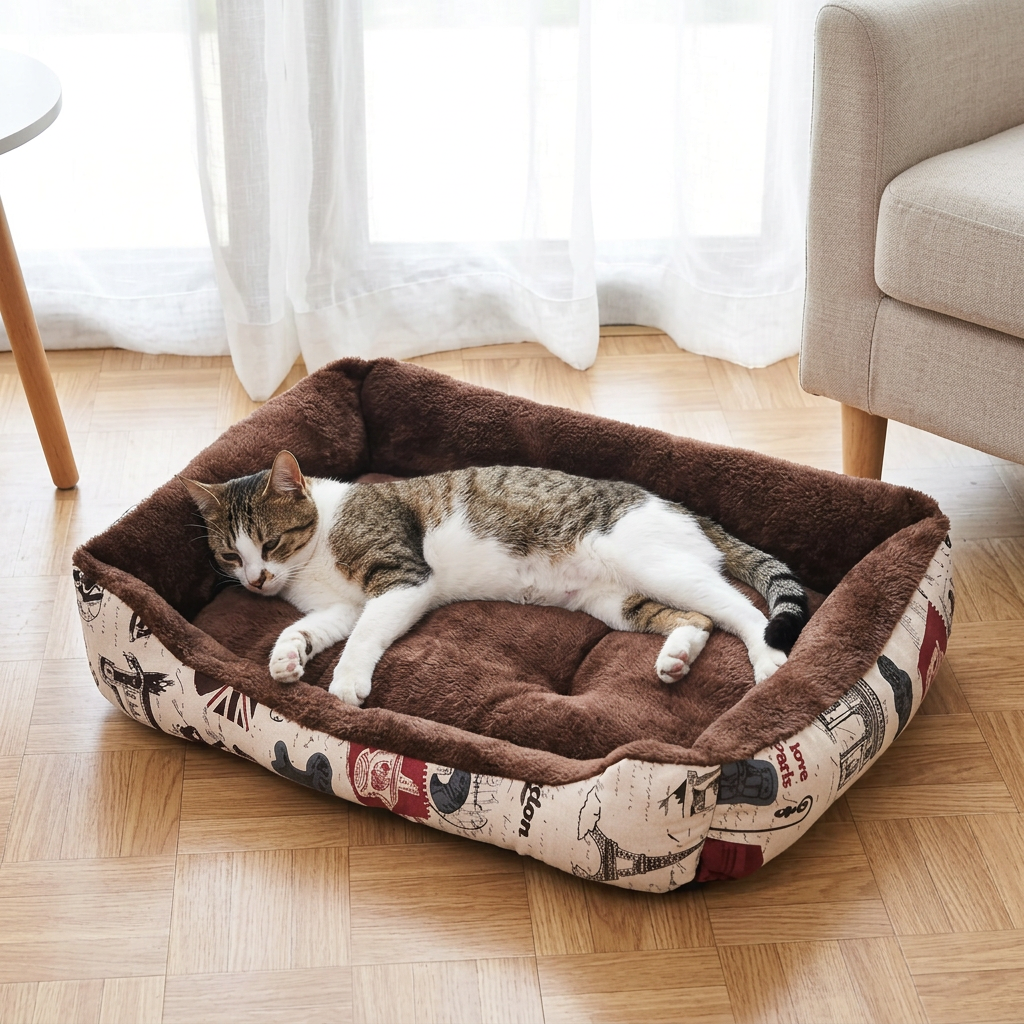 Grand panier pour chat Évasion marron de 76 × 56 cm avec un chat tigré et blanc allongé sur le côté