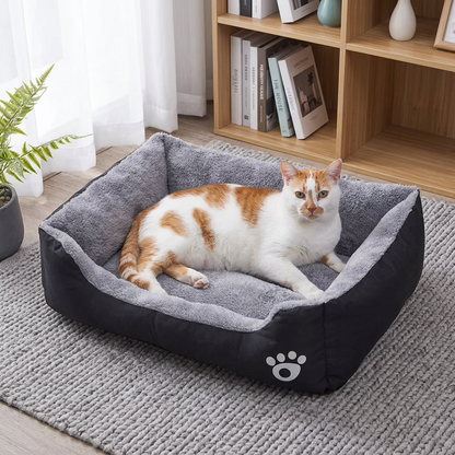 Panier pour grand chat noir et gris de 66 × 48 cm avec un chat roux et blanc couché sur le flanc
