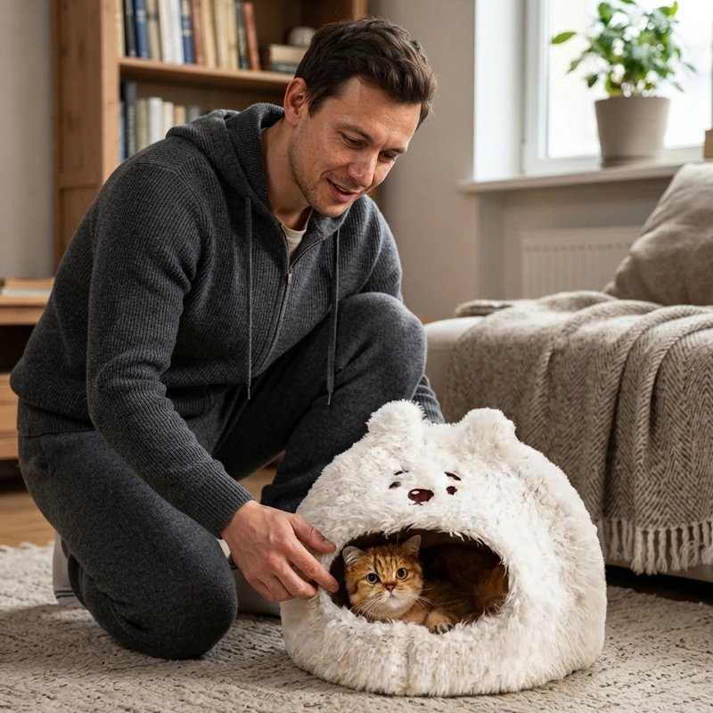 Chat qui se repose dans une niche ours polaire en peluche