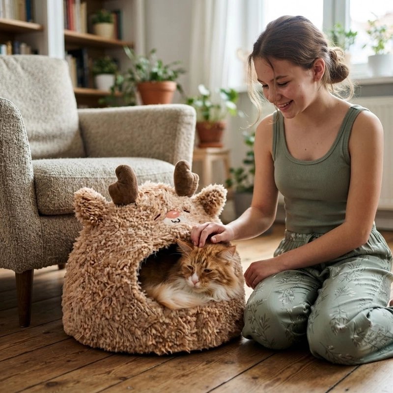 Chat installé dans une niche chat renne en peluche douce