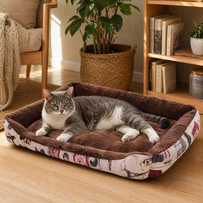 Panier a chat marron avec un chat gris et blanc allongé près d’une bibliothèque