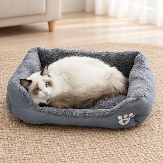 Panier chat gris avec un chat blanc et gris lové dedans.