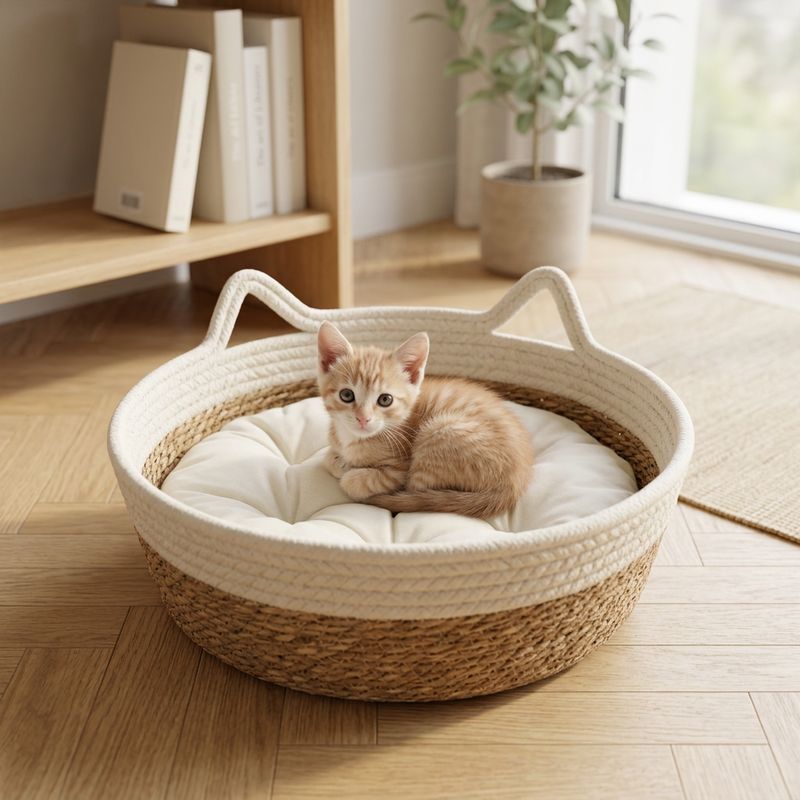 Panier chaton en rotin tissé avec coussin blanc et petit chat roux blotti à l’intérieur