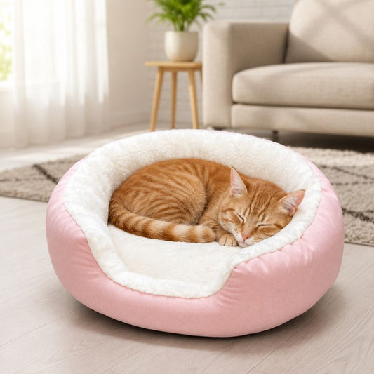 Panier original chat rose avec un chat roux endormi.