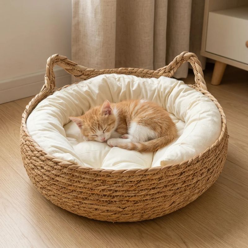 Panier chatons en osier avec coussin blanc et petit chat roux et blanc endormi à l’intérieur