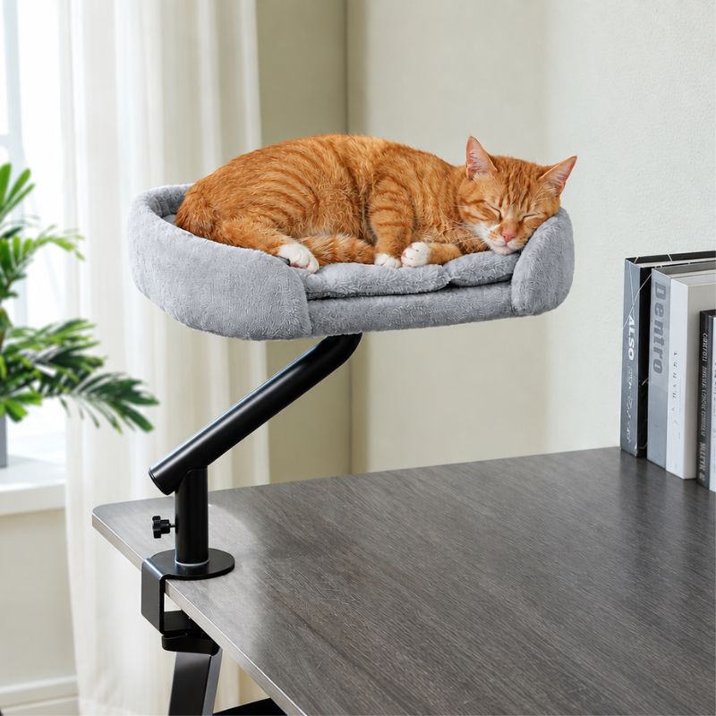 Panier suspendu pour chat gris avec un chat roux endormi.
