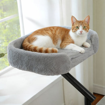 Panier suspendu pour chat gris avec un chat roux et blanc regardant l’objectif.
