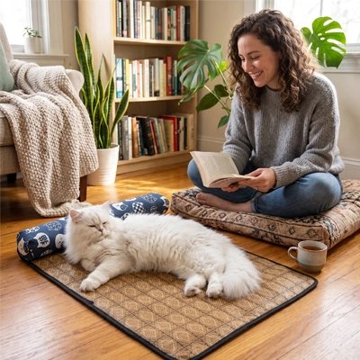 Tapis rafraichissant Chat tissé en rotin